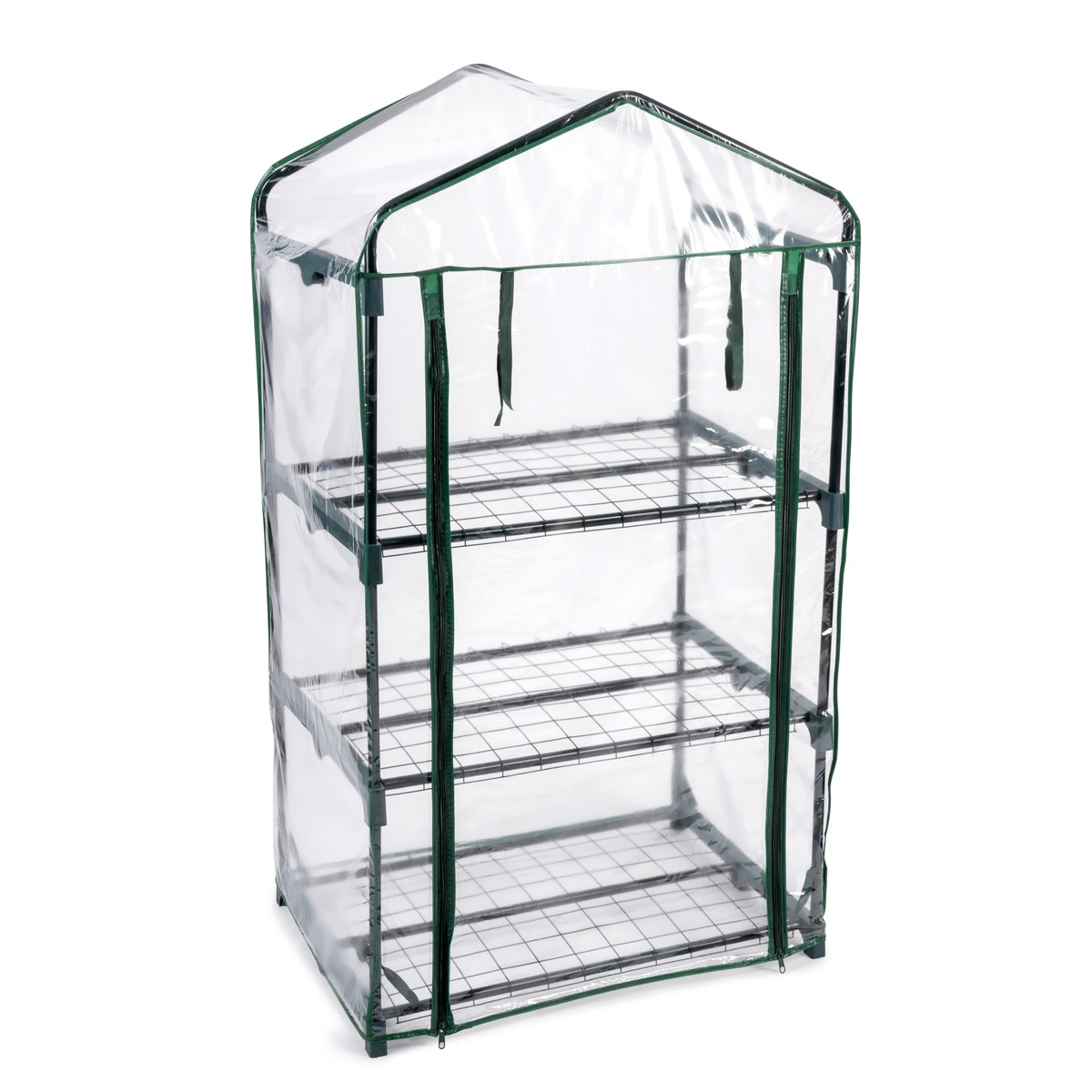 A small, clear, four-tier greenhouse shelving unit with a green frame.
