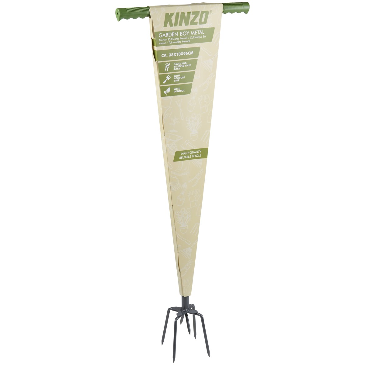 A Kinzo Garden Boy Metal tool with a green handle and a beige patterned cover.