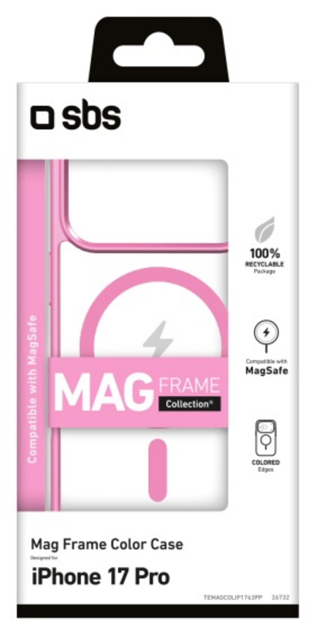 Embalaje para una funda rosa Mag Frame iPhone 17 Pro de SBS.