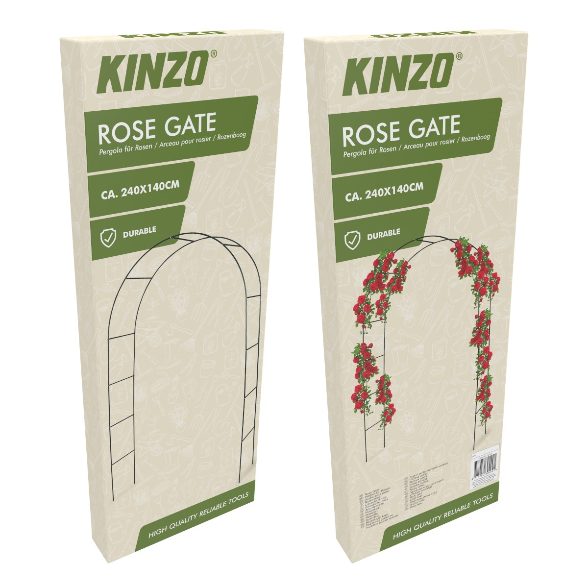 Deux portiques à roses Kinzo. L'un est un arc métallique noir, l'autre est décoré de roses rouges.
