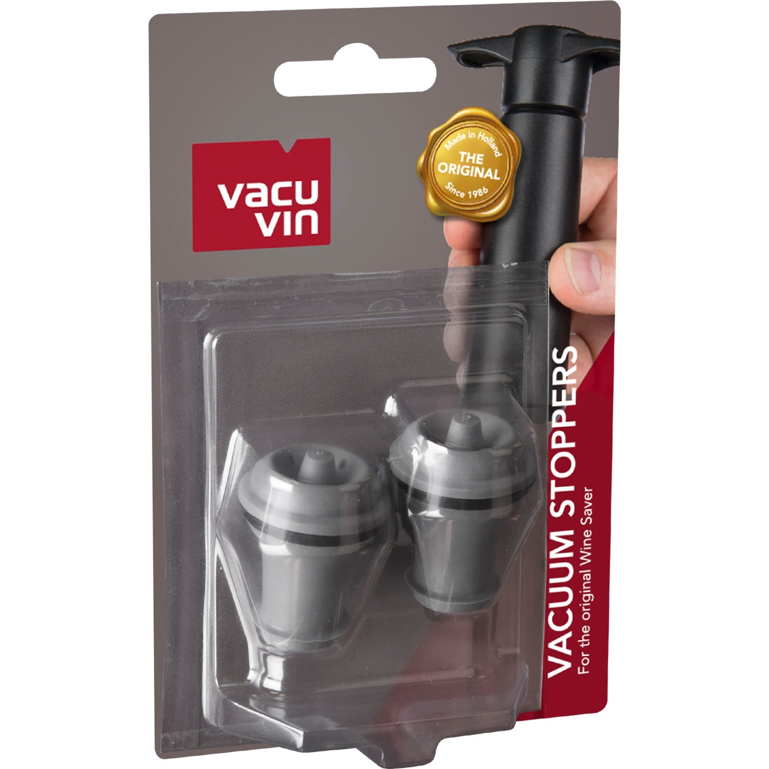 Şarap şişeleri için iki adet gri Vacu Vin vakum tıpası paketi.
