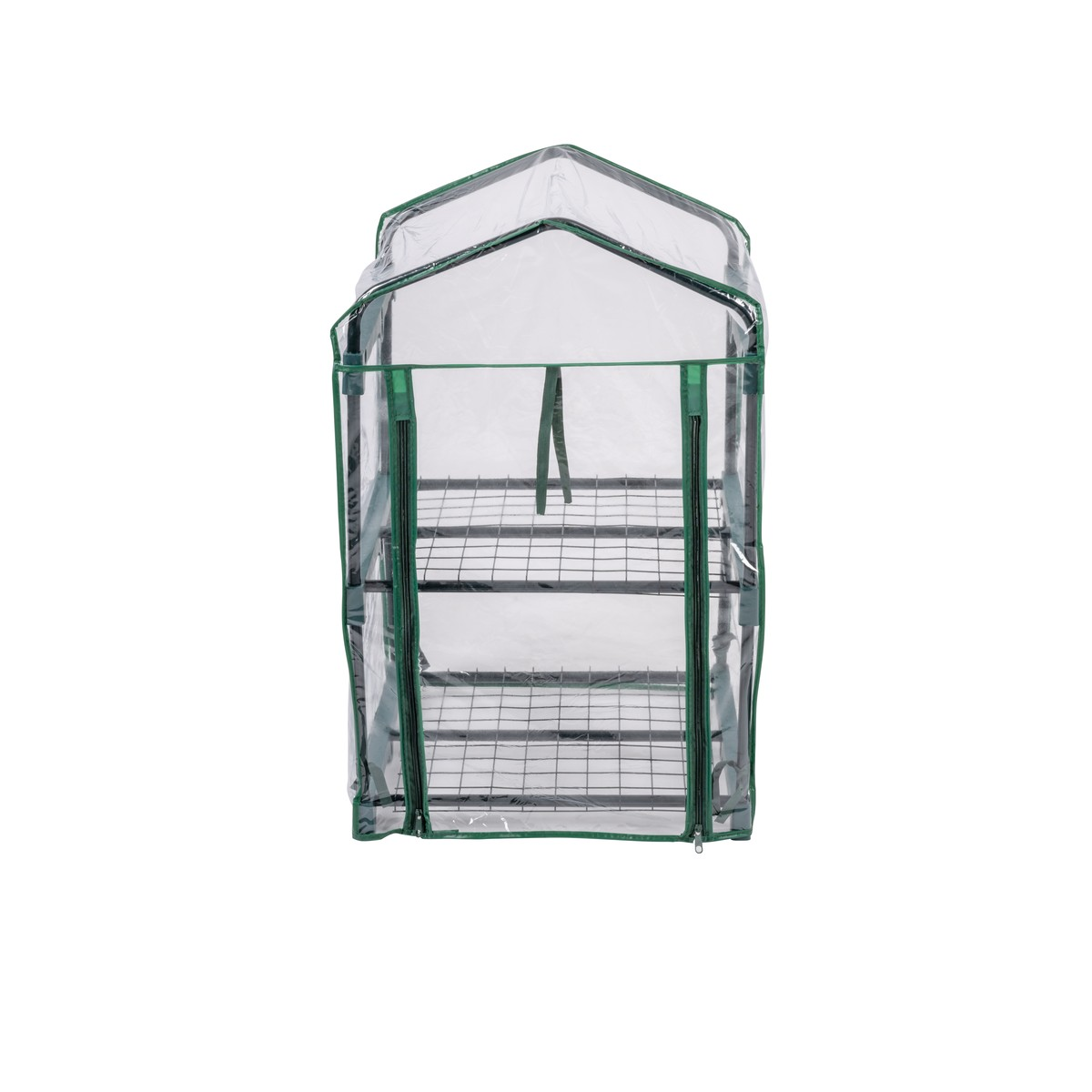A small greenhouse with three shelves and a clear cover.