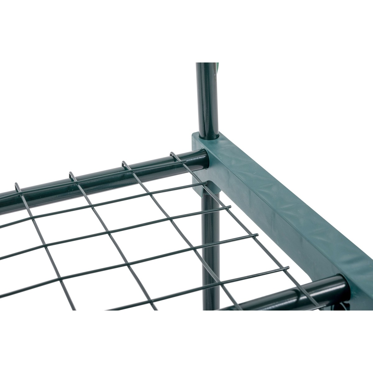 Close-up of a dark green wire shelf with a green plastic corner bracket.