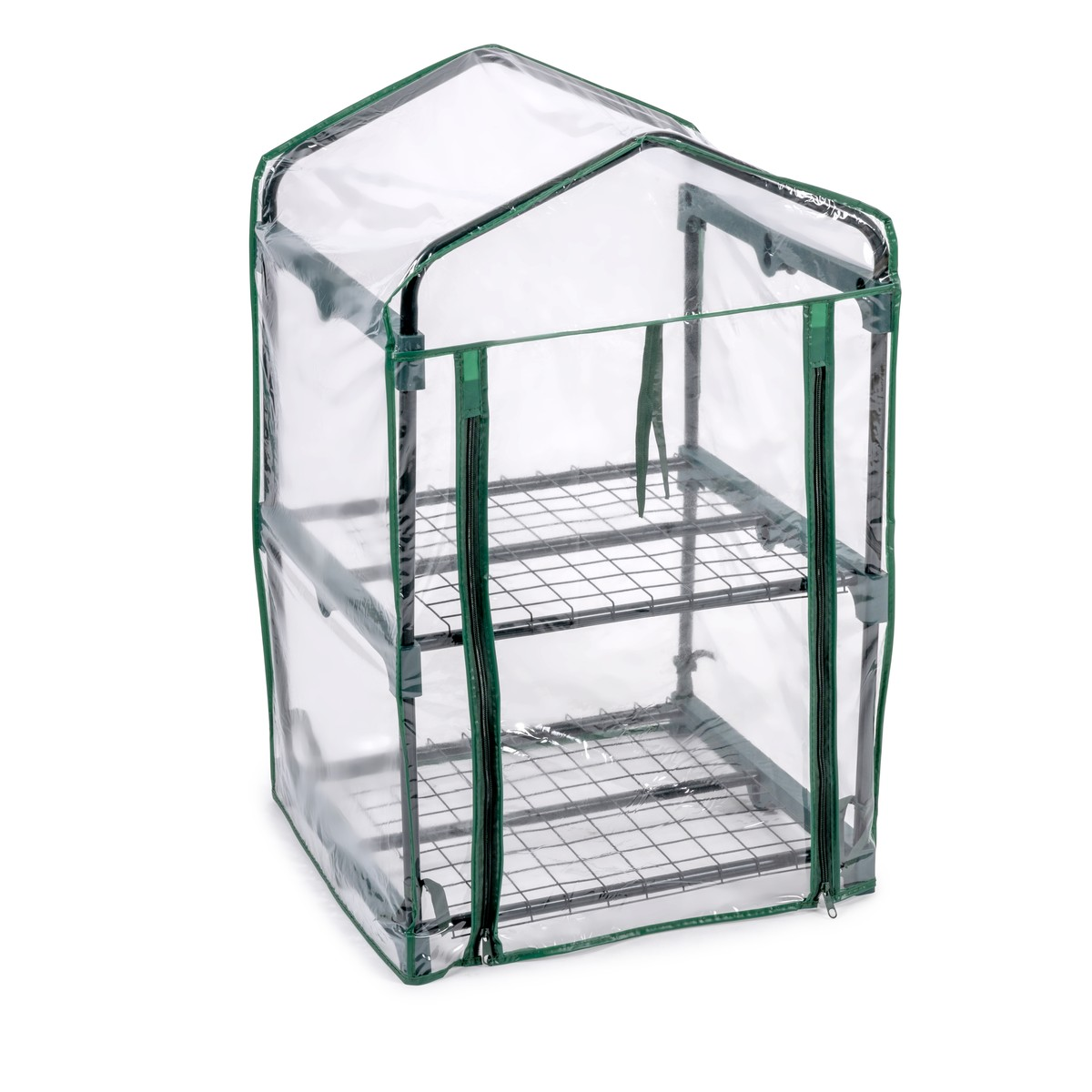 A small, clear greenhouse stand with three shelves and a green frame.