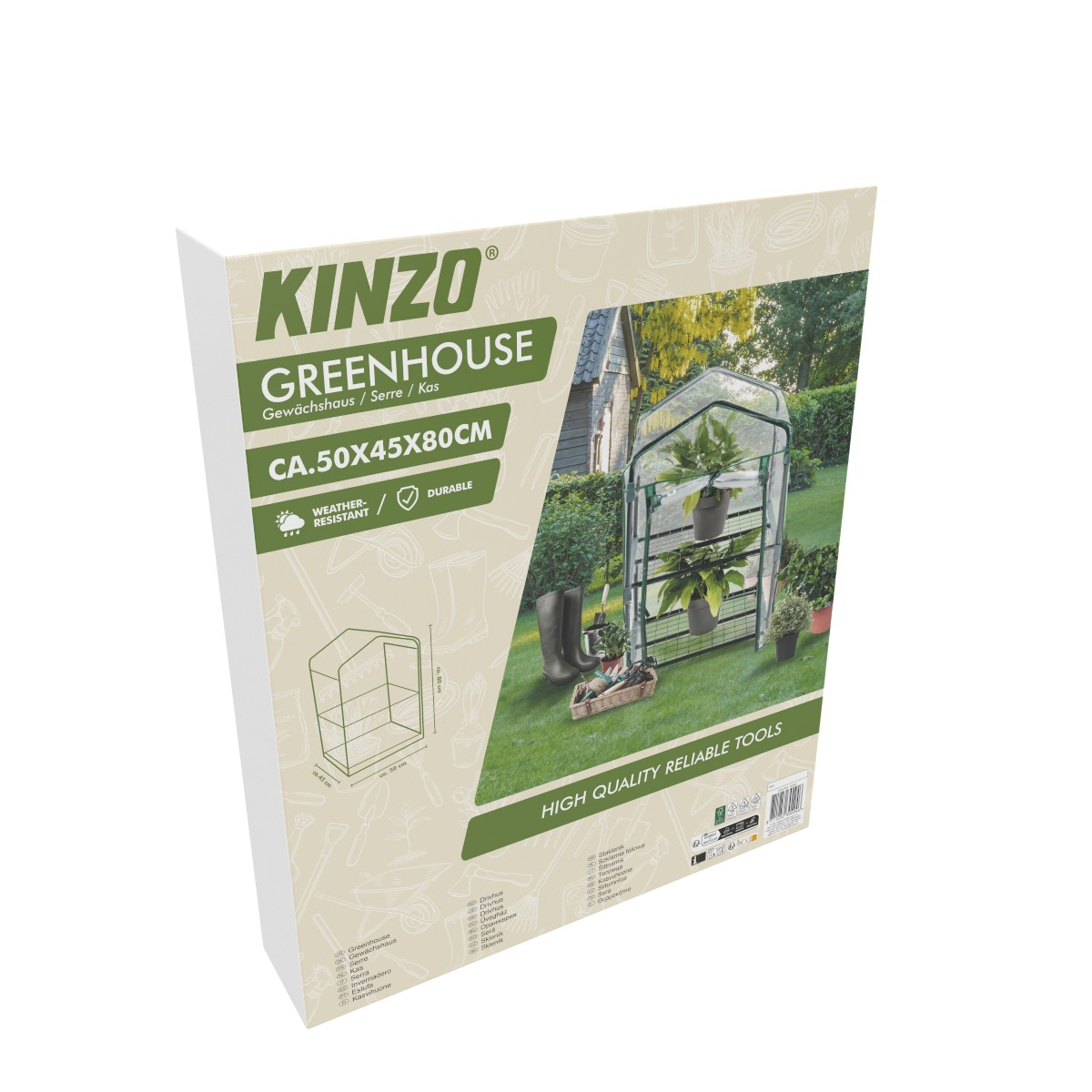 Packaging for a greenhouse with plants and garden tools. Dimensions: 50x45x80cm.