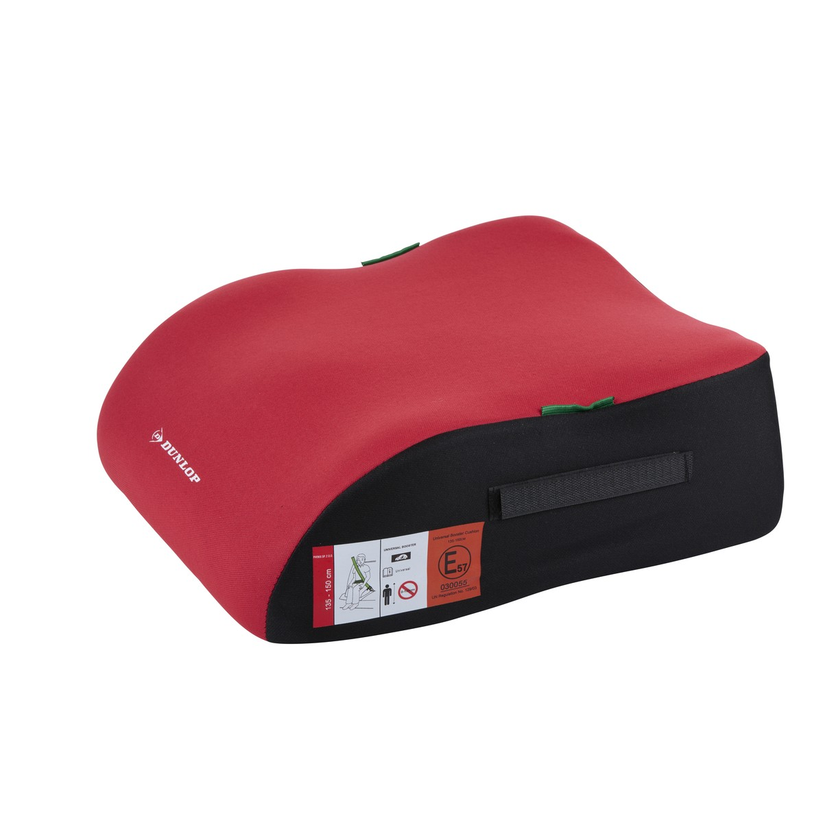 Een rood en zwart autostoel booster met Dunlop logo en ECE-certificering.