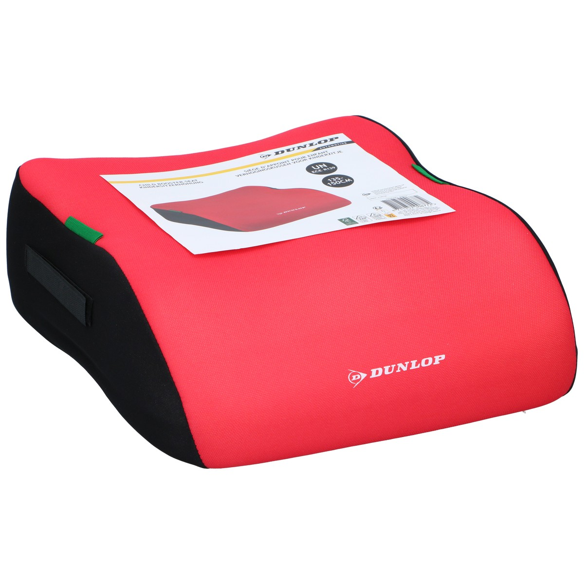 Een rood en zwart Dunlop kinderstoelverhoger met een label.