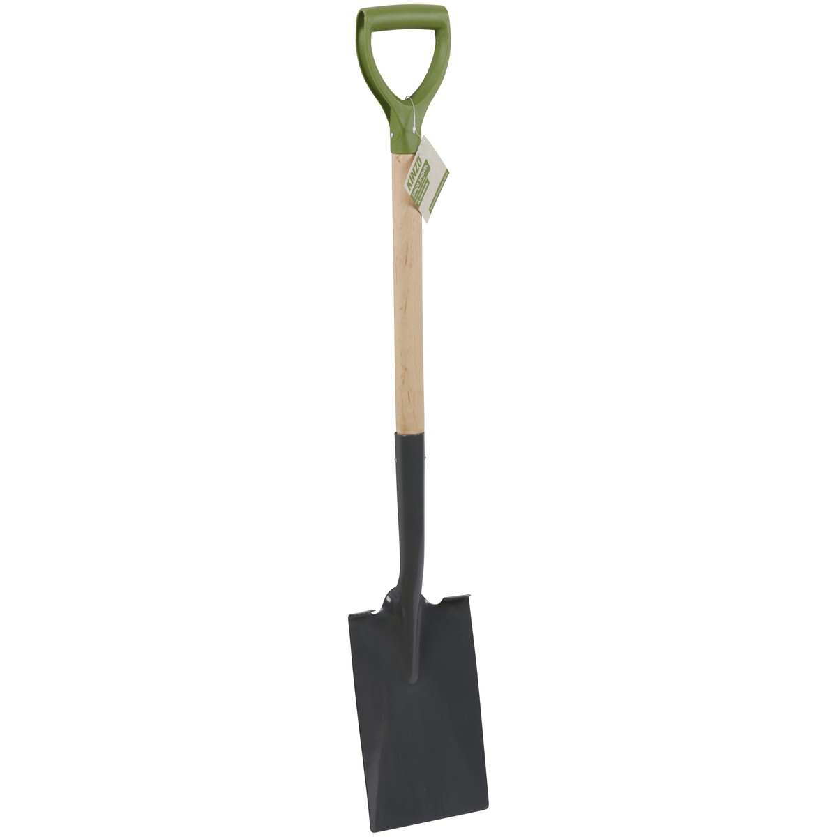 A shovel with a green D-handle, wooden shaft, and black metal blade.