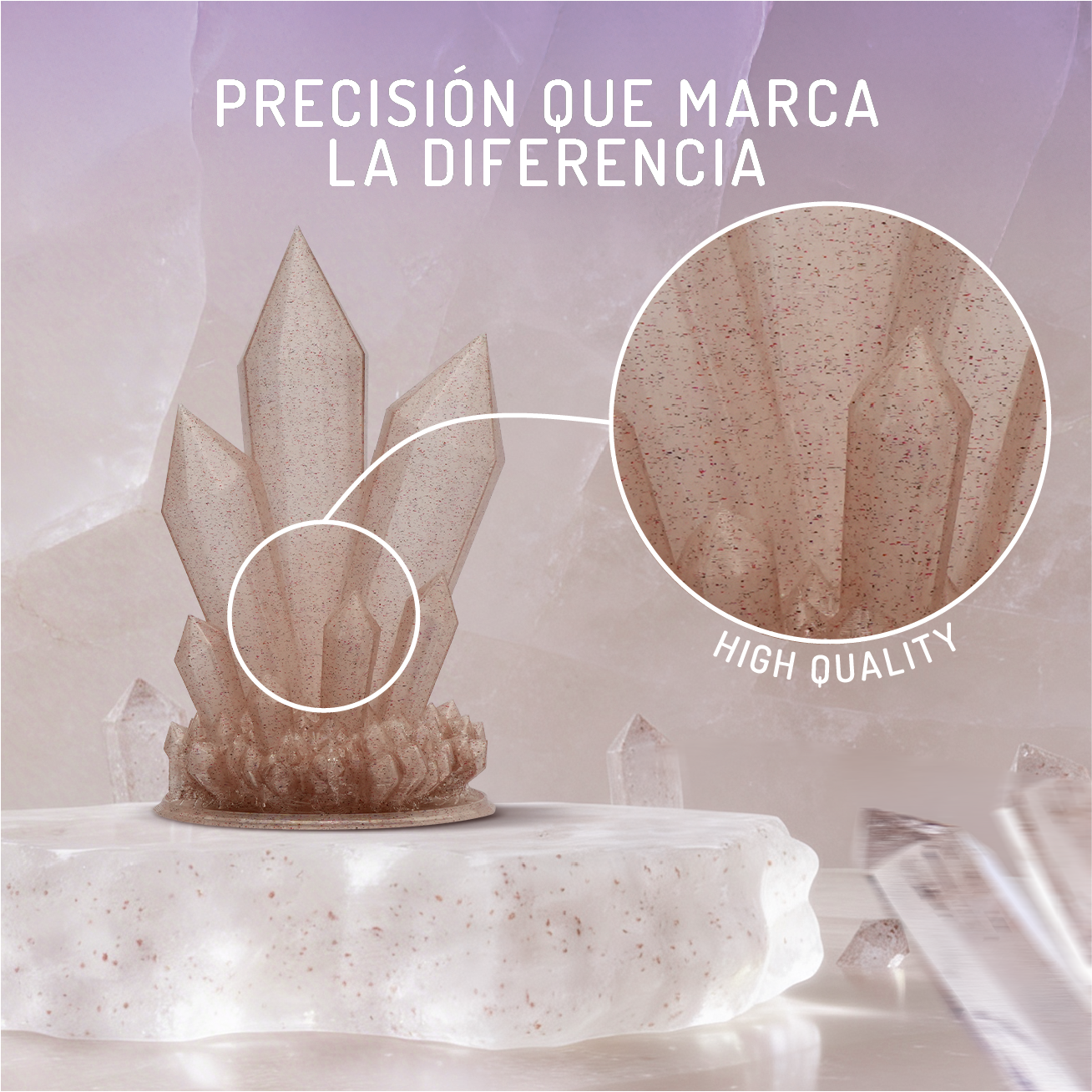 Primer plano de formaciones cristalinas en un pedestal de piedra. Texto "Alta Calidad".