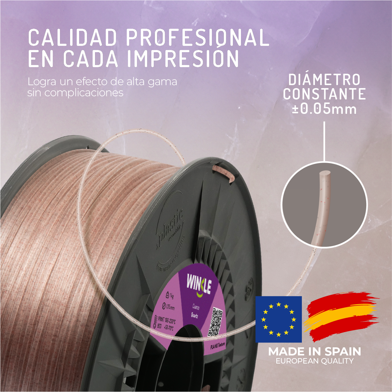 Bobina de filamento de impresión 3D rosa, primer plano, con texto y bandera UE/España.