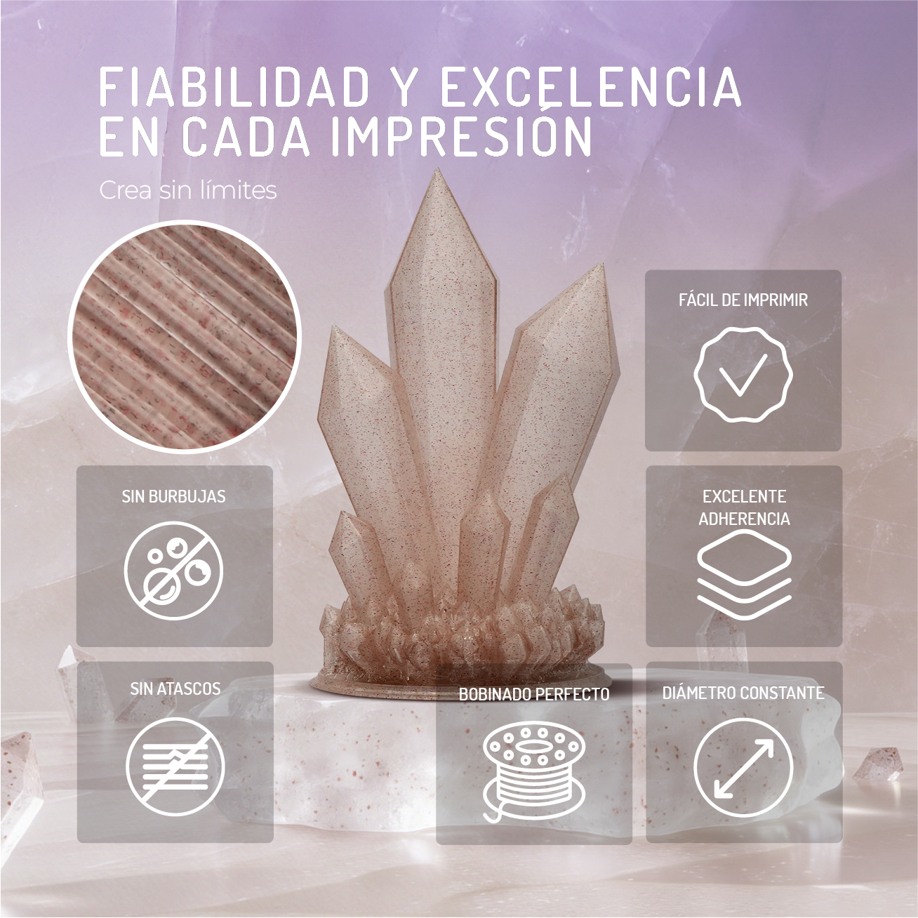 Impresión 3D de cristal brillante con iconos de sin burbujas, sin atascos, fácil de imprimir, excelente adhesión, bobinado perfecto, diám.