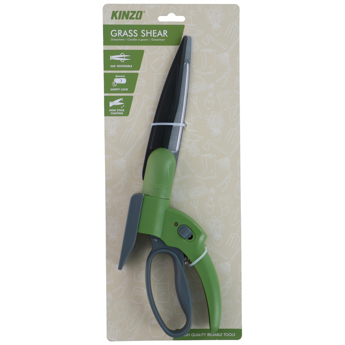 Grüne Gartenschere mit schwarzen Klingen auf Kartonverpackung.