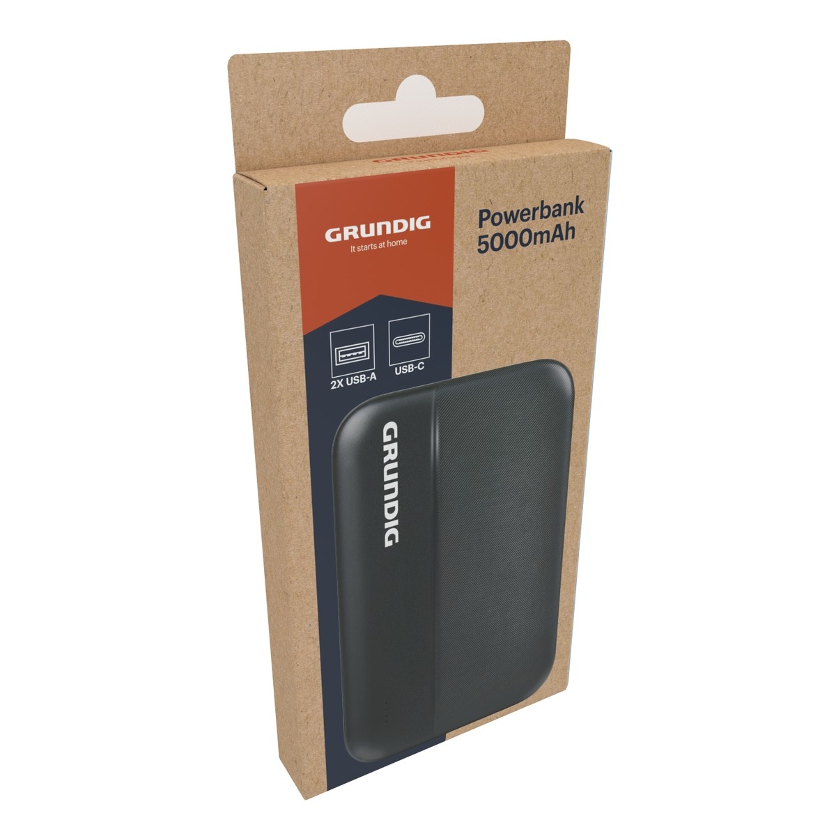 Black Grundig 5000mAh powerbank in brown packaging with USB-A and USB-C icons.