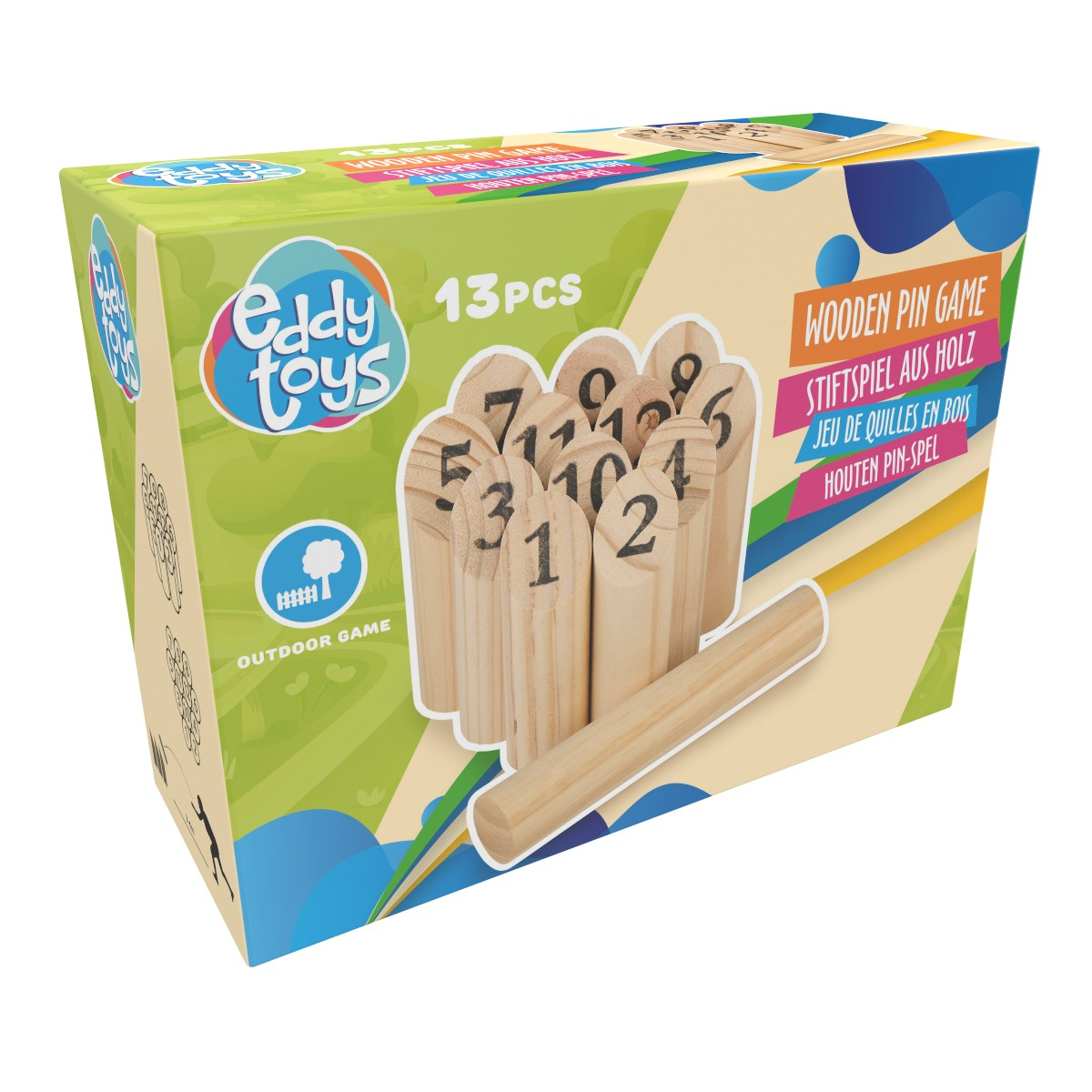 Packaging for a 13-piece wooden pin game with numbered pins.