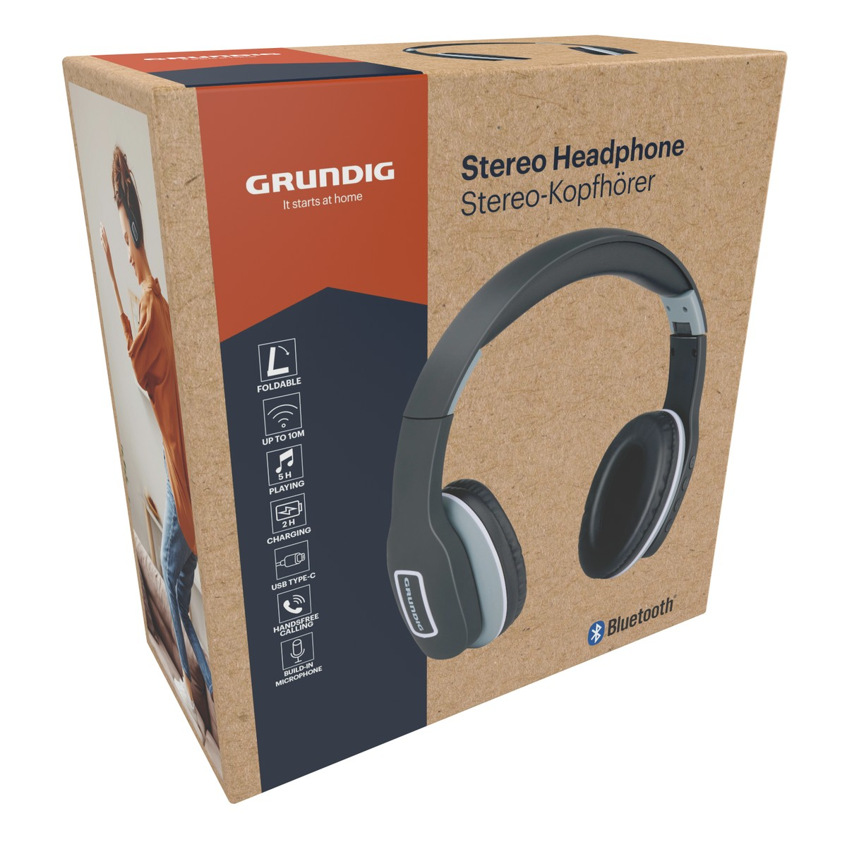 Grundig Stereo-Kopfhörer auf einem Karton mit Merkmalen wie faltbar und Bluetooth.