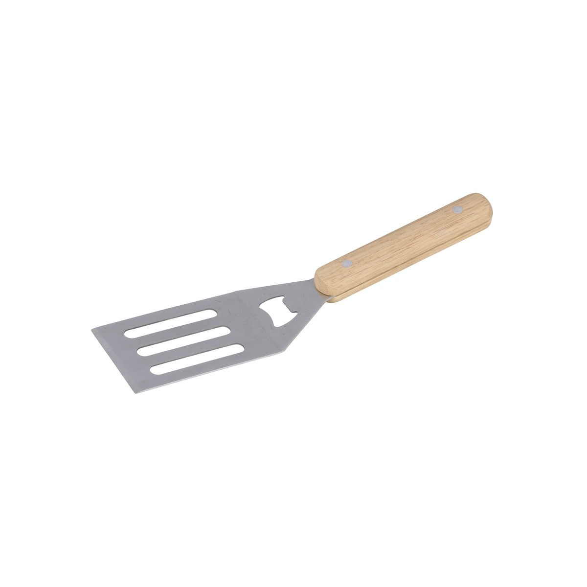 Grillwender aus Metall mit Holzgriff, hat Schlitze und eine Flaschenöffner-Öffnung.