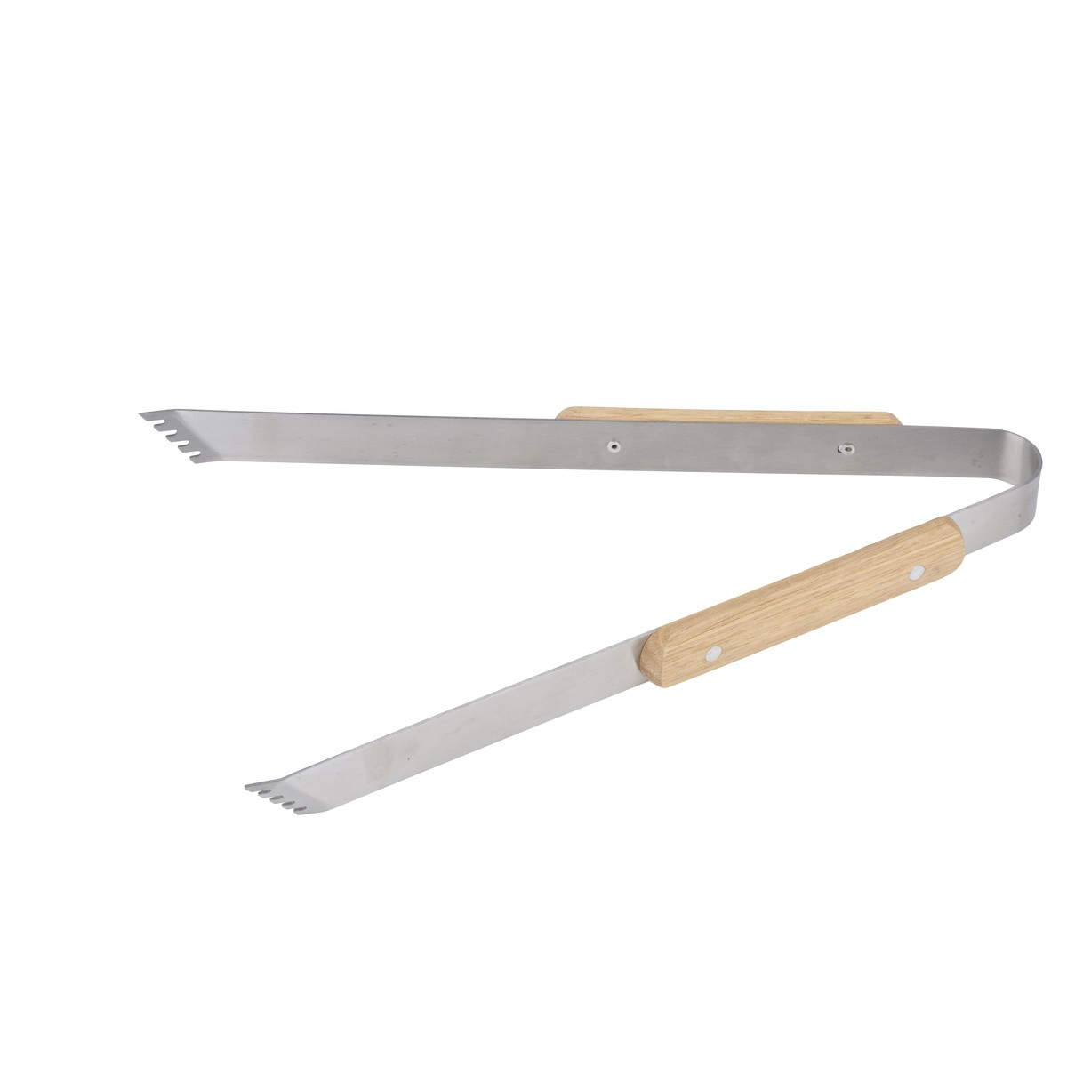Grillzange aus Edelstahl mit Holzgriffen, auf weißem Hintergrund.
