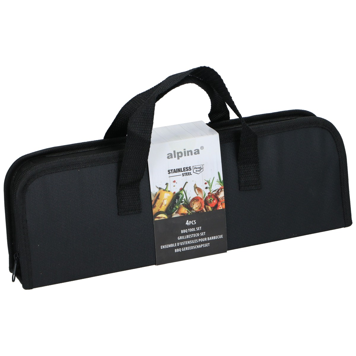 Schwarze Tragetasche für ein 4-teiliges Grillbesteck-Set von Alpina.