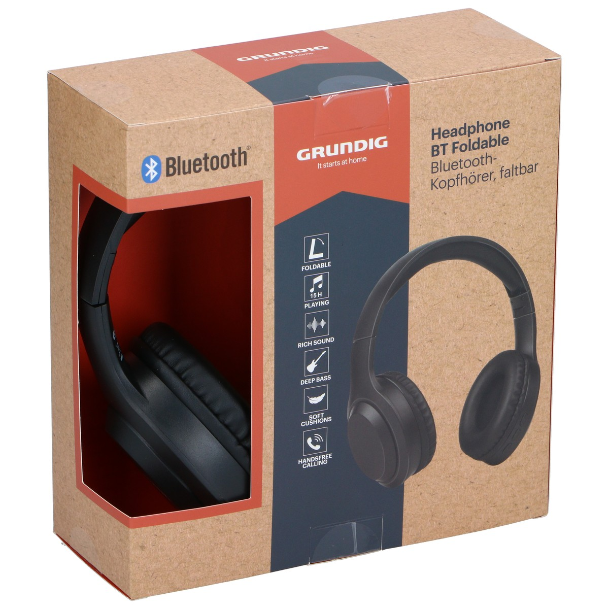 Box for Grundig foldable Bluetooth headphones with image.