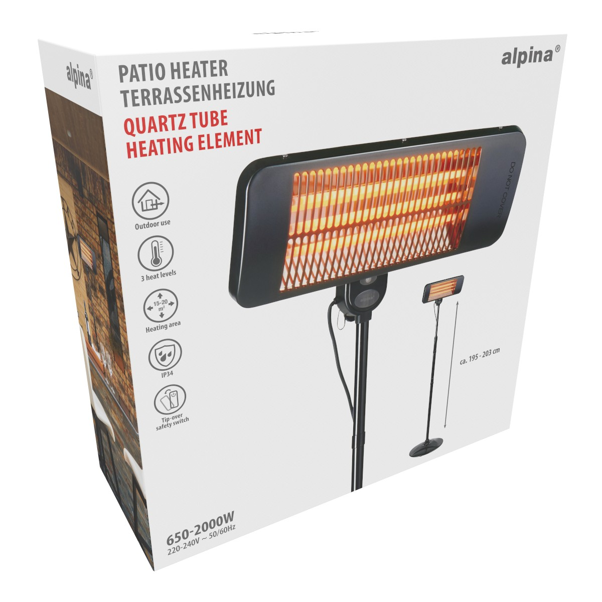 Alpina patio heater box. Shows heater, dimensions, and features like outdoor use and safety switch.