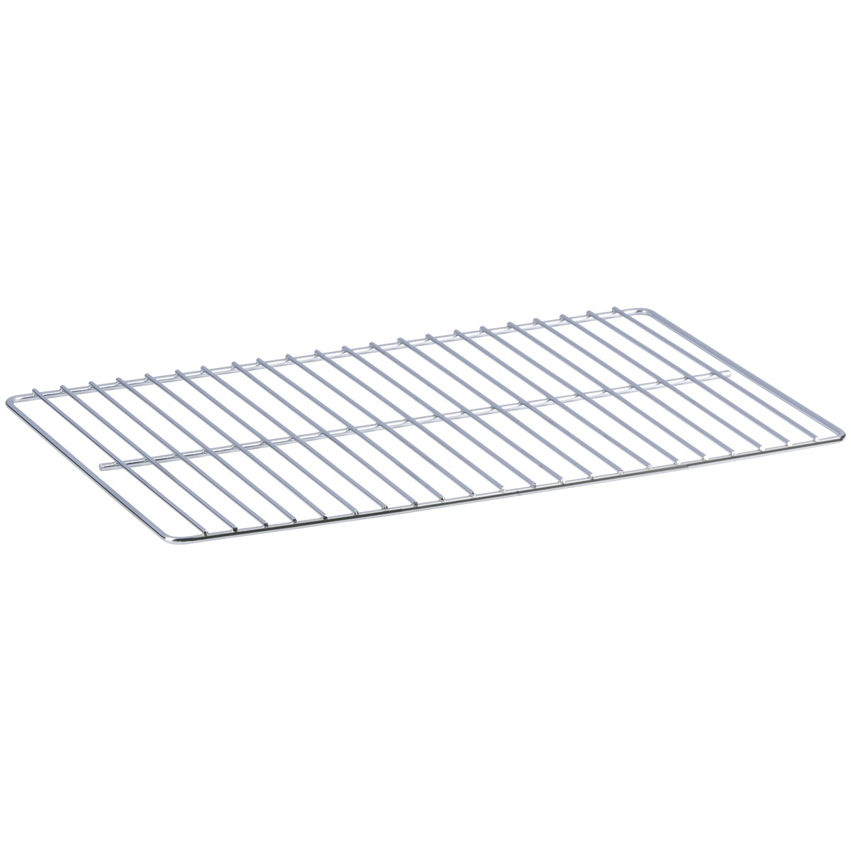 A rectangular, silver-colored metal grill rack with parallel bars.