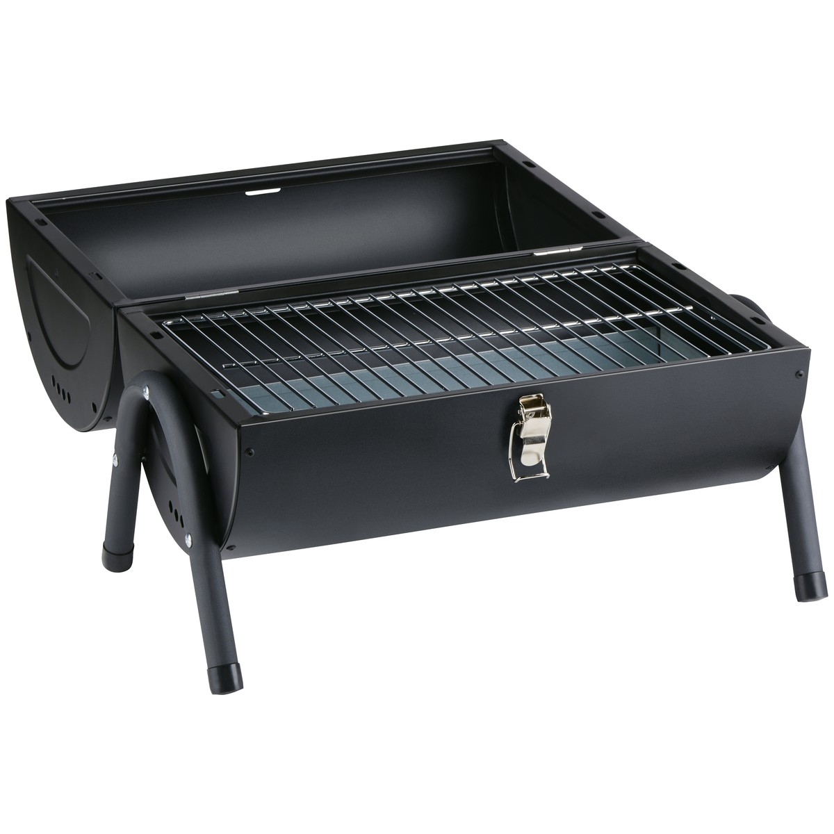 A black, portable grill with its lid open and a chrome grate.