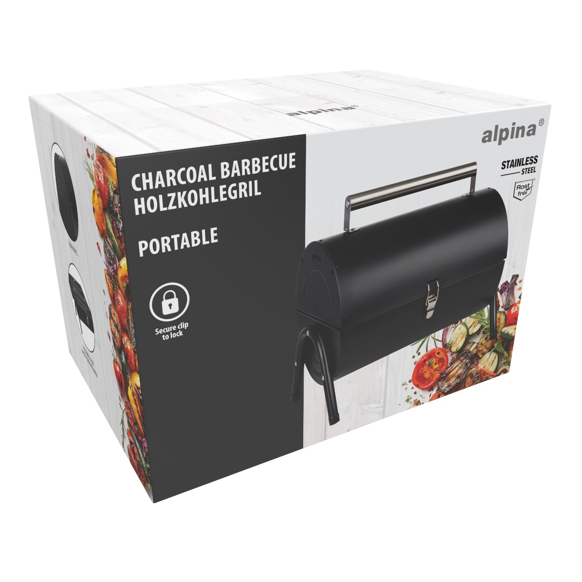 Alpina portable charcoal barbecue with stainless steel lid and rust-free label.