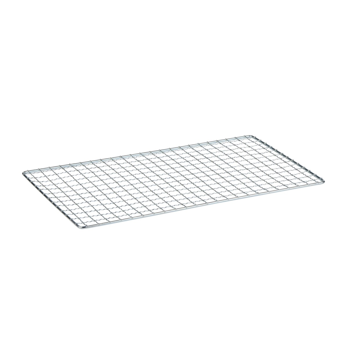 A silver metal grill grate with a rectangular mesh pattern on a white background.