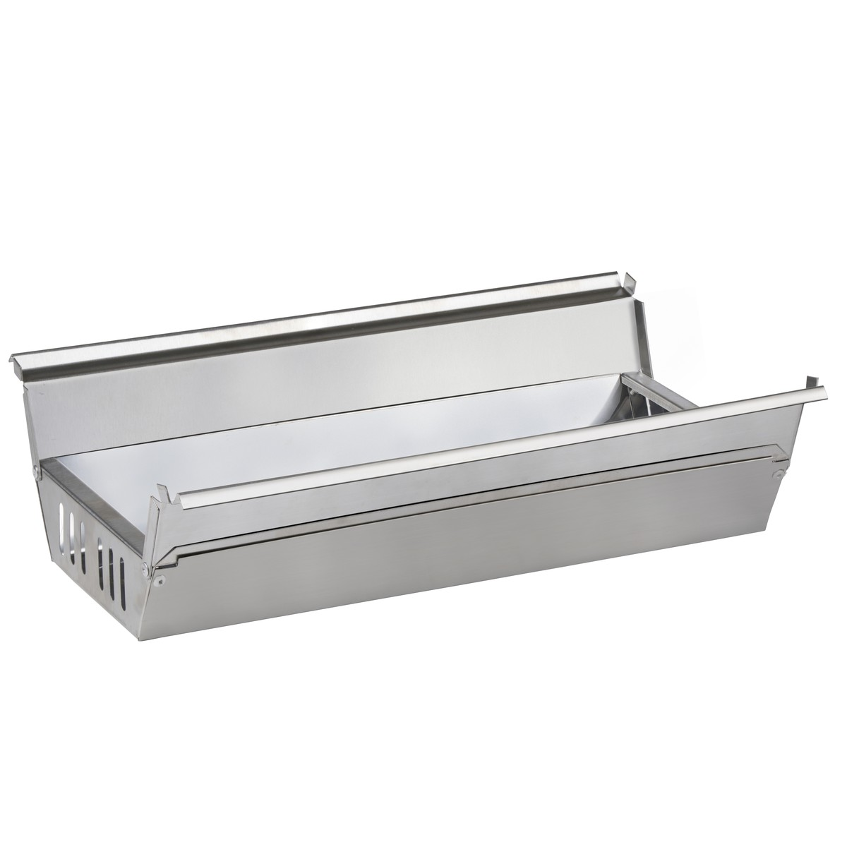 A shiny metal tray with slits on the side and a raised edge.