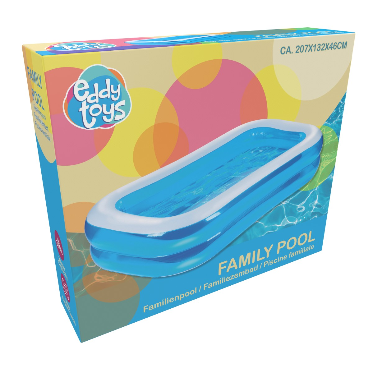 Blue inflatable family pool with white trim on its box packaging.