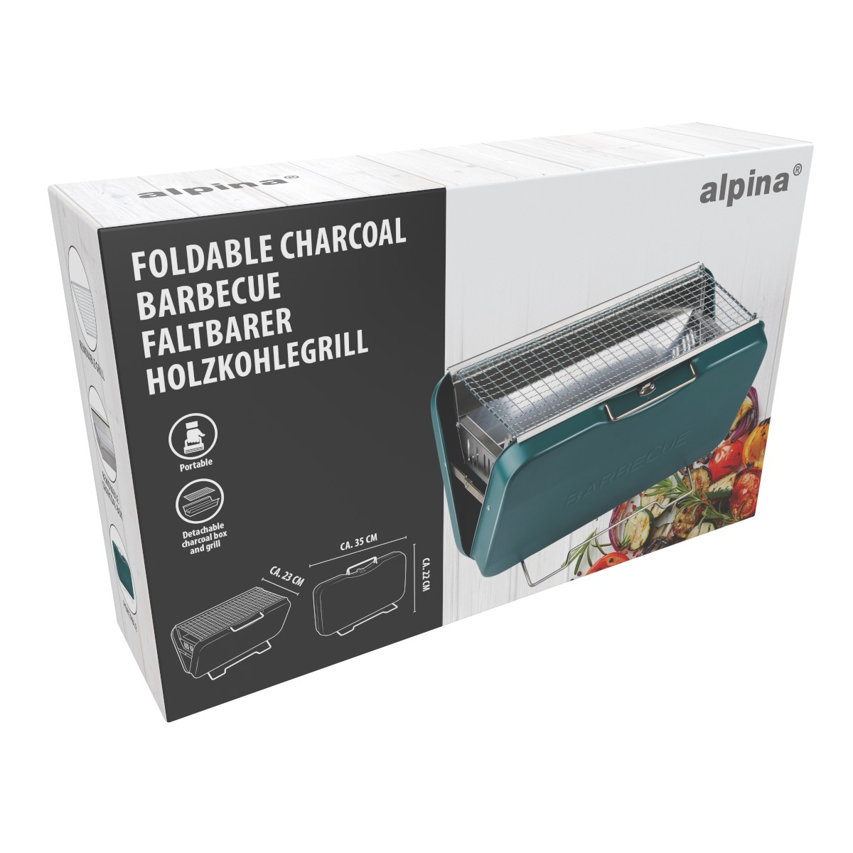 Green foldable charcoal grill on box packaging with product illustrations.