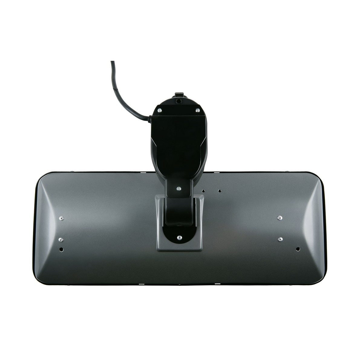 A black cord connects to a black bracket attached to a gray metal plate.