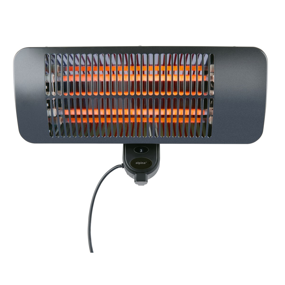 Gray heater with glowing heating elements and control panel.