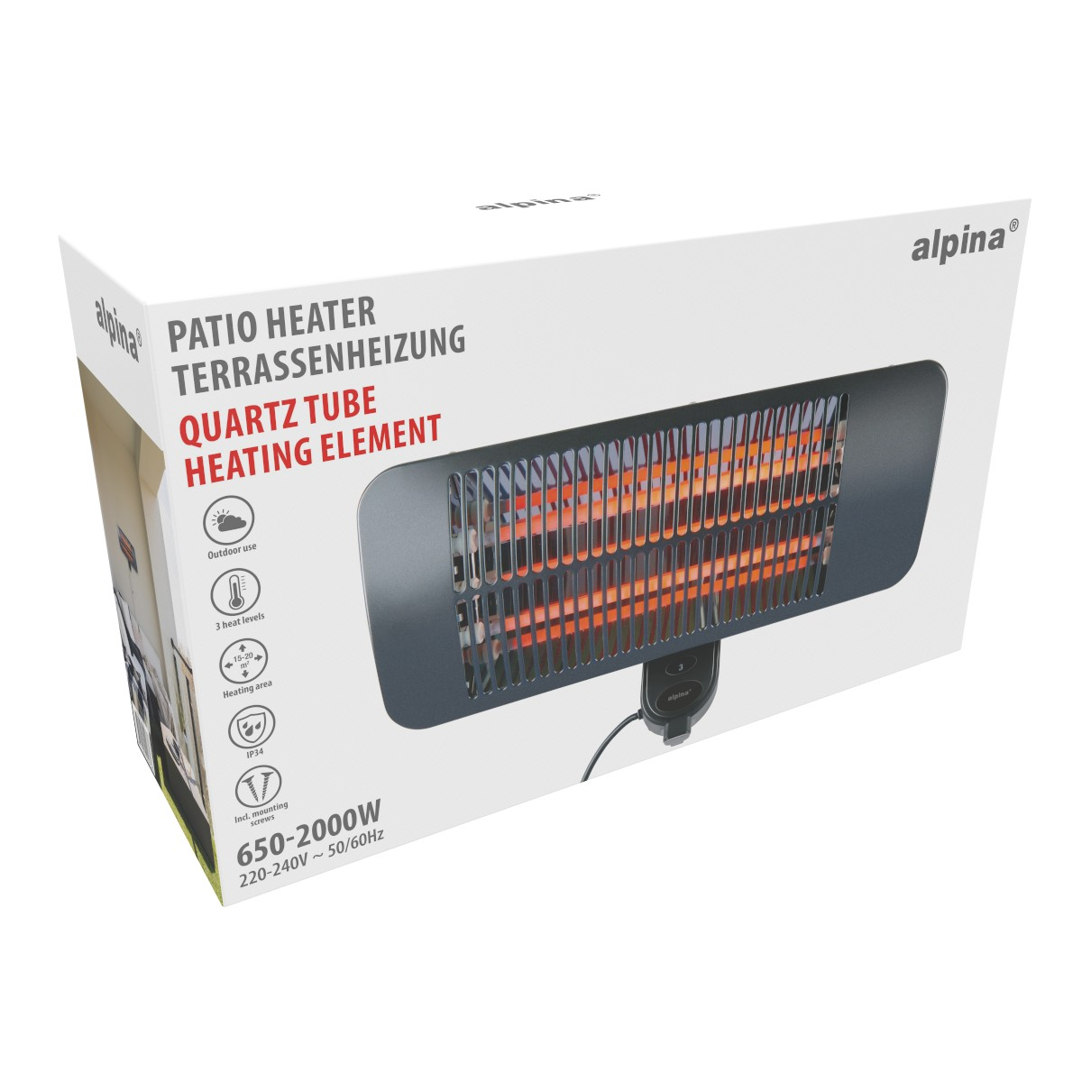 Alpina patio heater with quartz tube heating element, 650-2000W, for outdoor use.