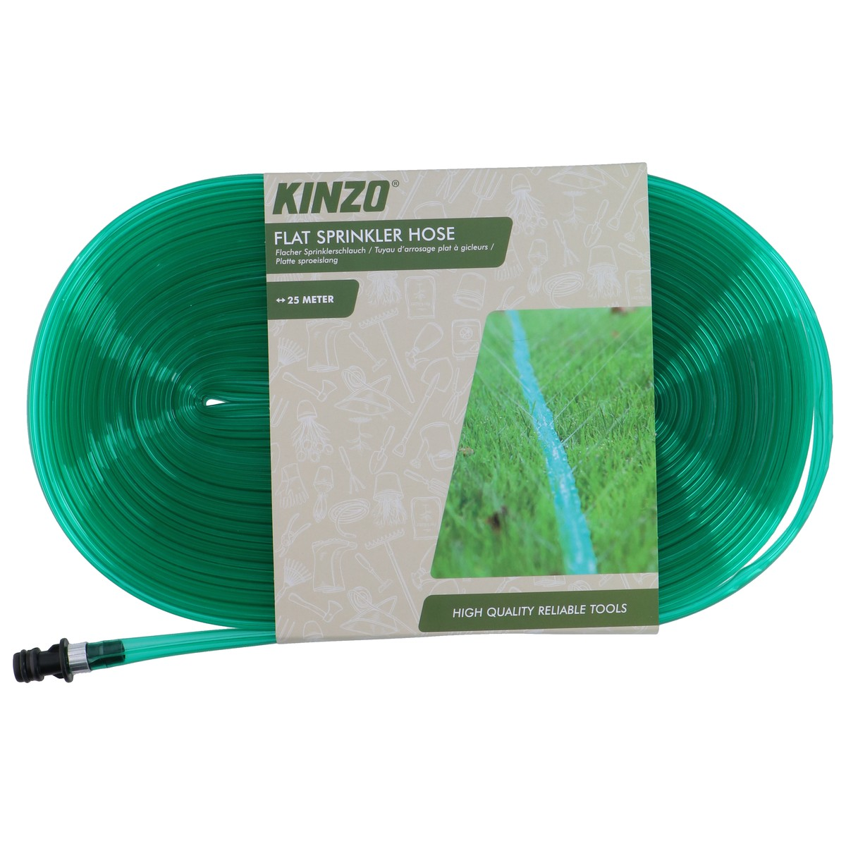 Green Kinzo flat sprinkler hose, 25 meters long, coiled with packaging.