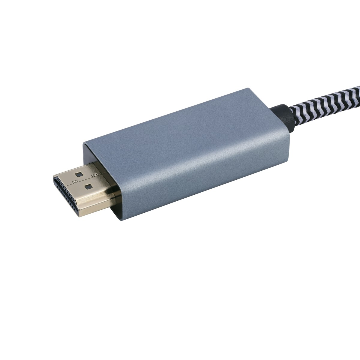 Connecteur HDMI gris avec câble tressé noir et blanc.