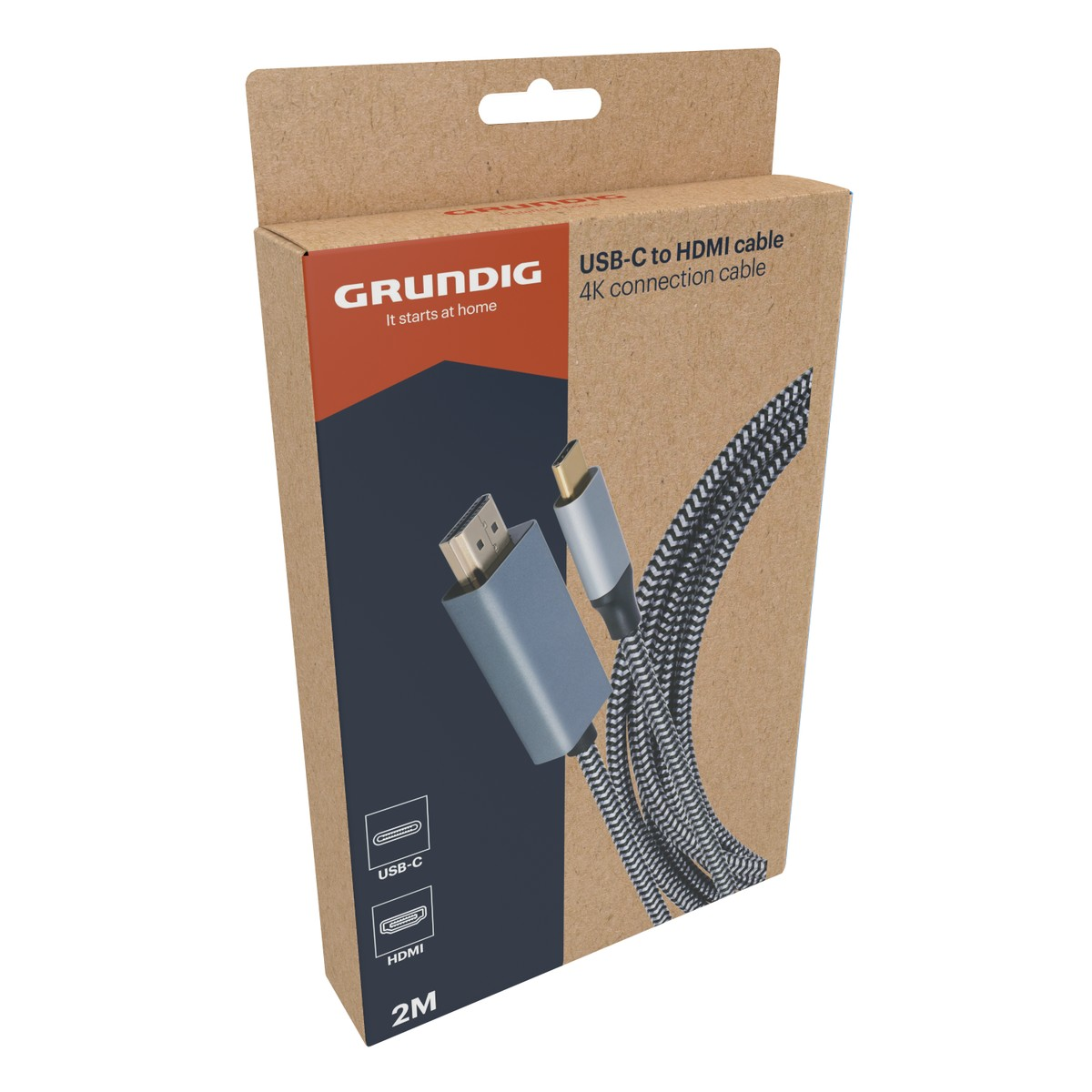 Emballage d'un câble de connexion USB-C vers HDMI 4K de 2M par GRUNDIG.