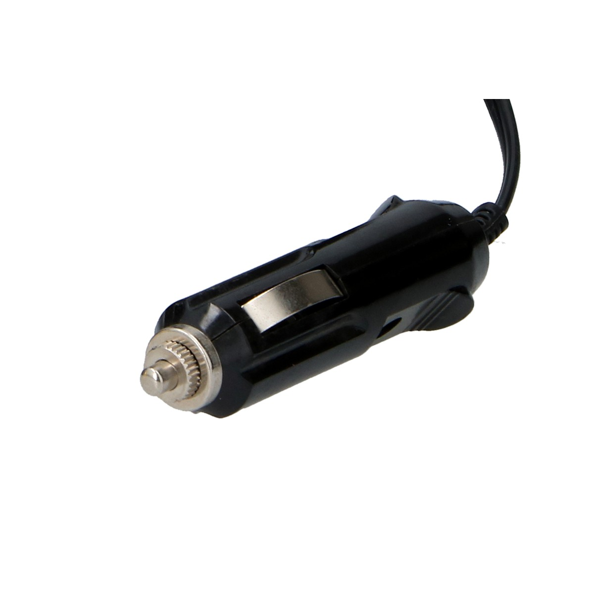 Black car cigarette lighter adapter with silver metal tip and cord.