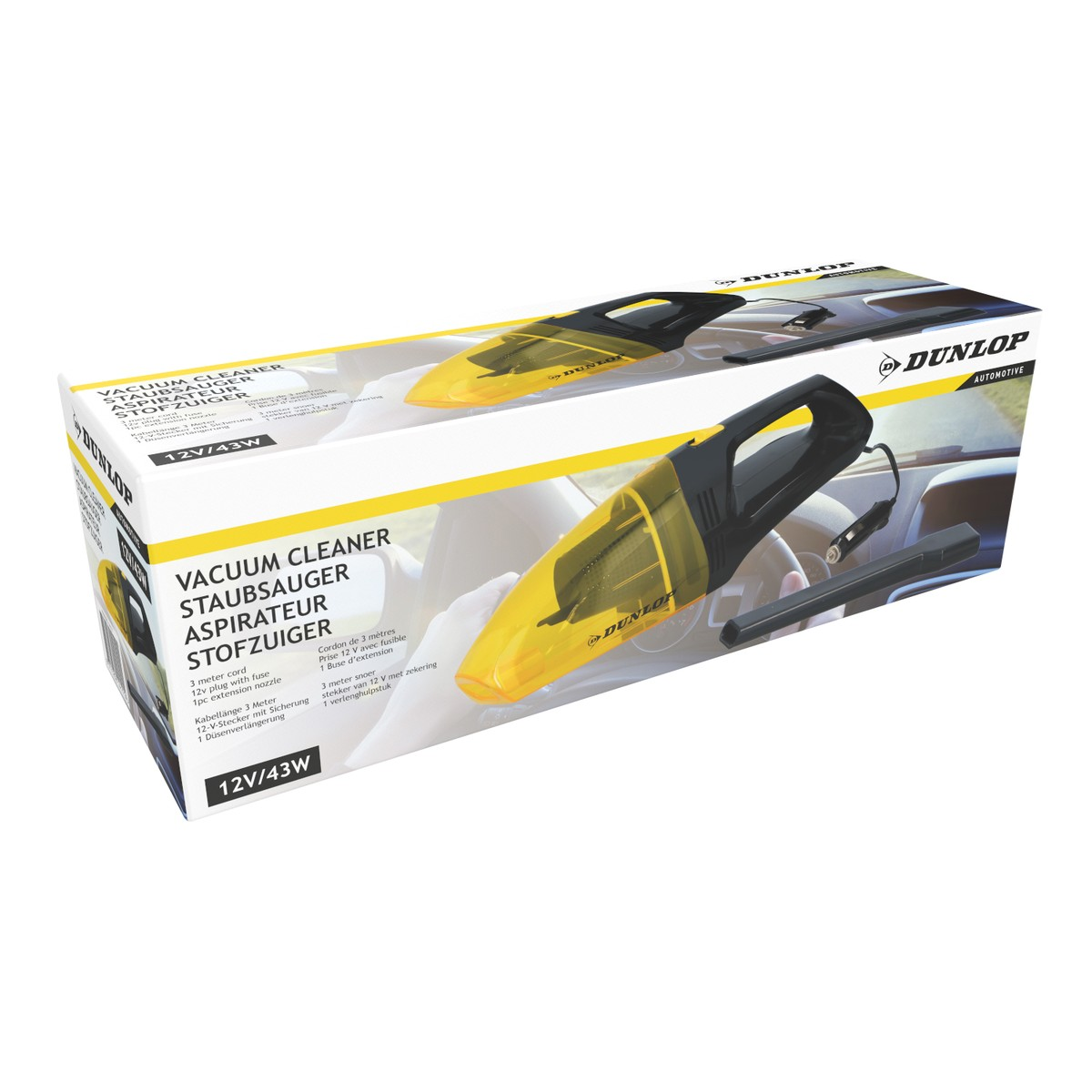 Packaging of a yellow and black handheld vacuum cleaner with Dunlop logo.