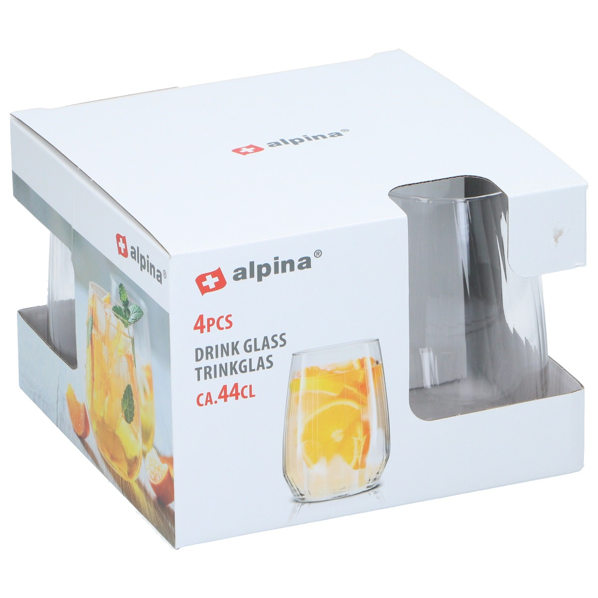 Verpackung mit vier Gläsern, zwei mit Orangen und Minze gefüllt abgebildet.