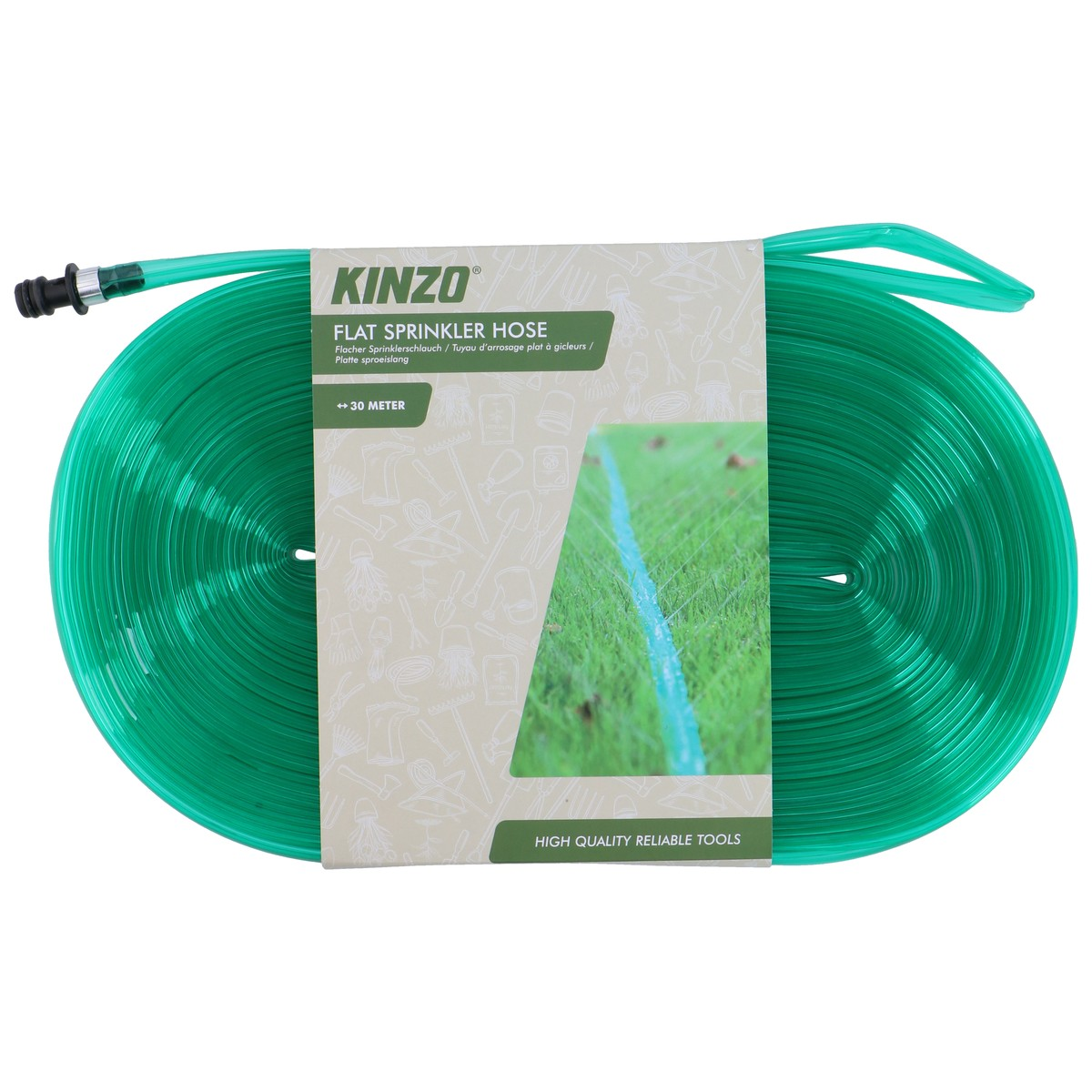 Green flat sprinkler hose, 30 meters long, packaged with product info.
