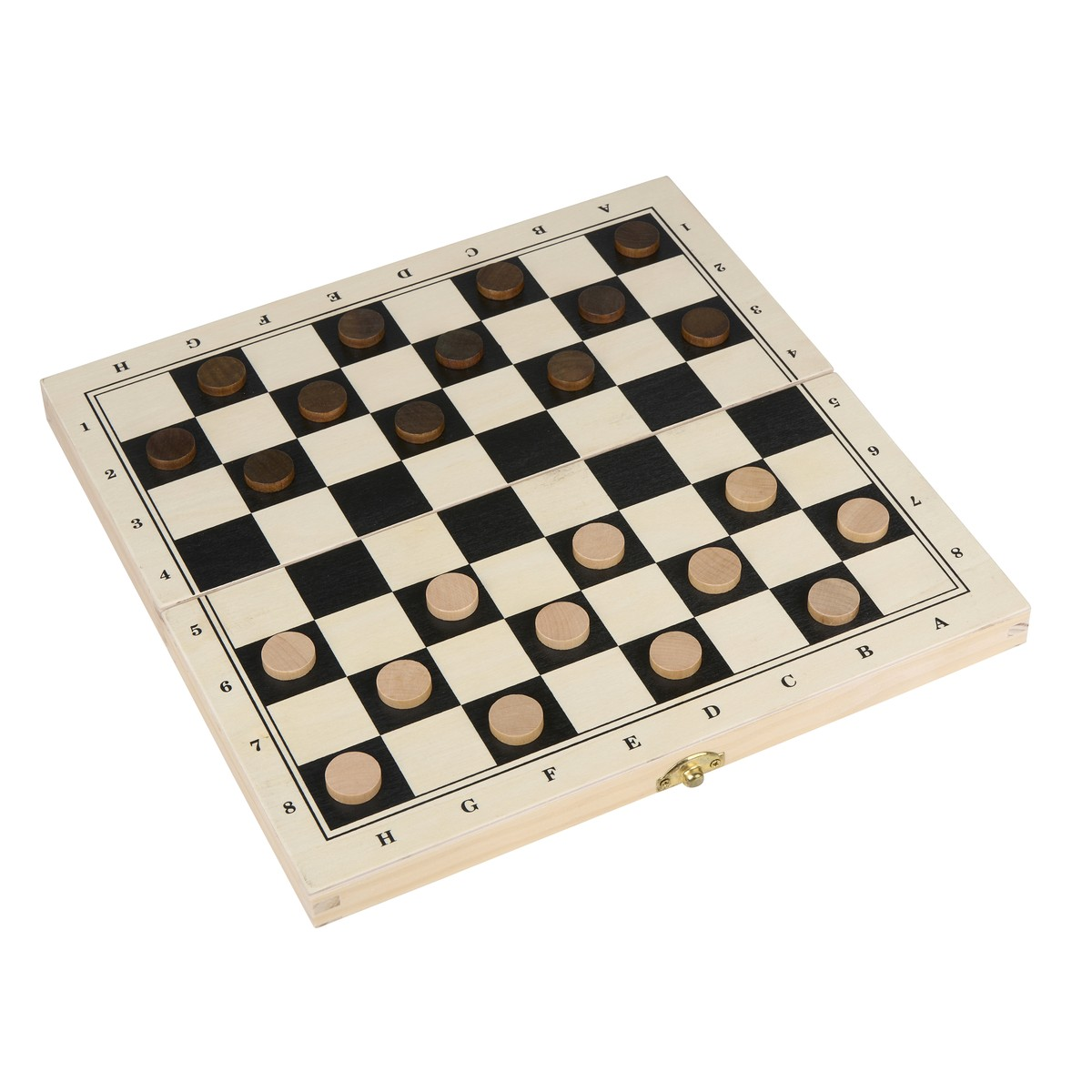 A checkers board game with brown and light pieces on a wooden board.