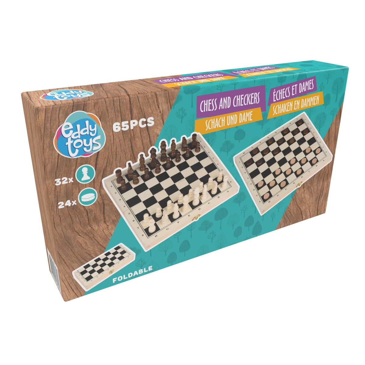 Packaging for a 65-piece chess and checkers game, showing an open box with boards.