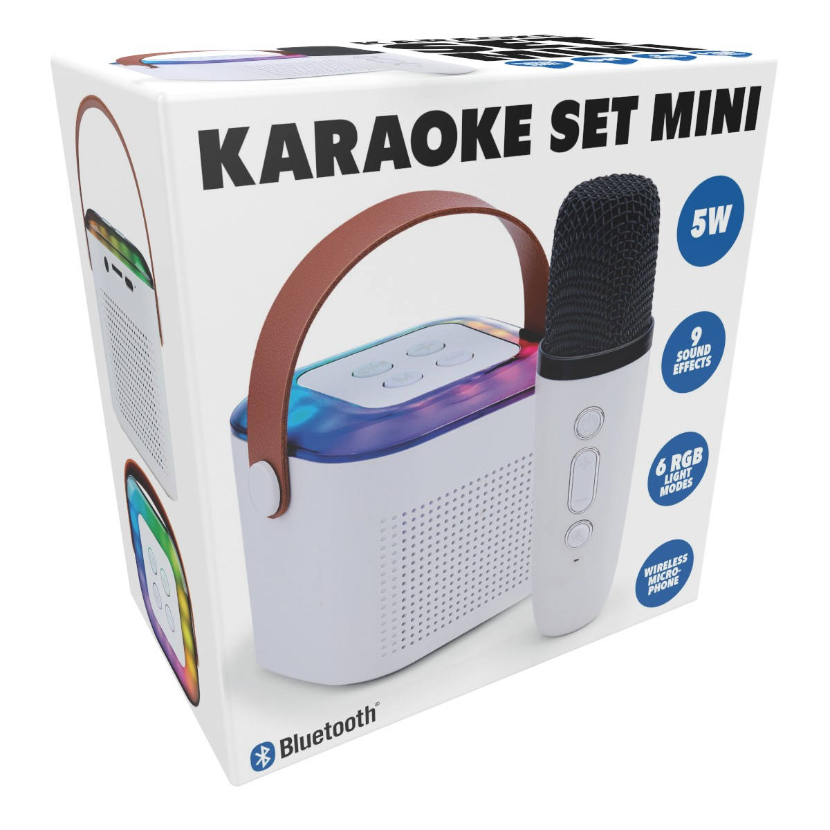 Scatola Karaoke Set Mini con altoparlante bianco, microfono, manico in pelle e luci.