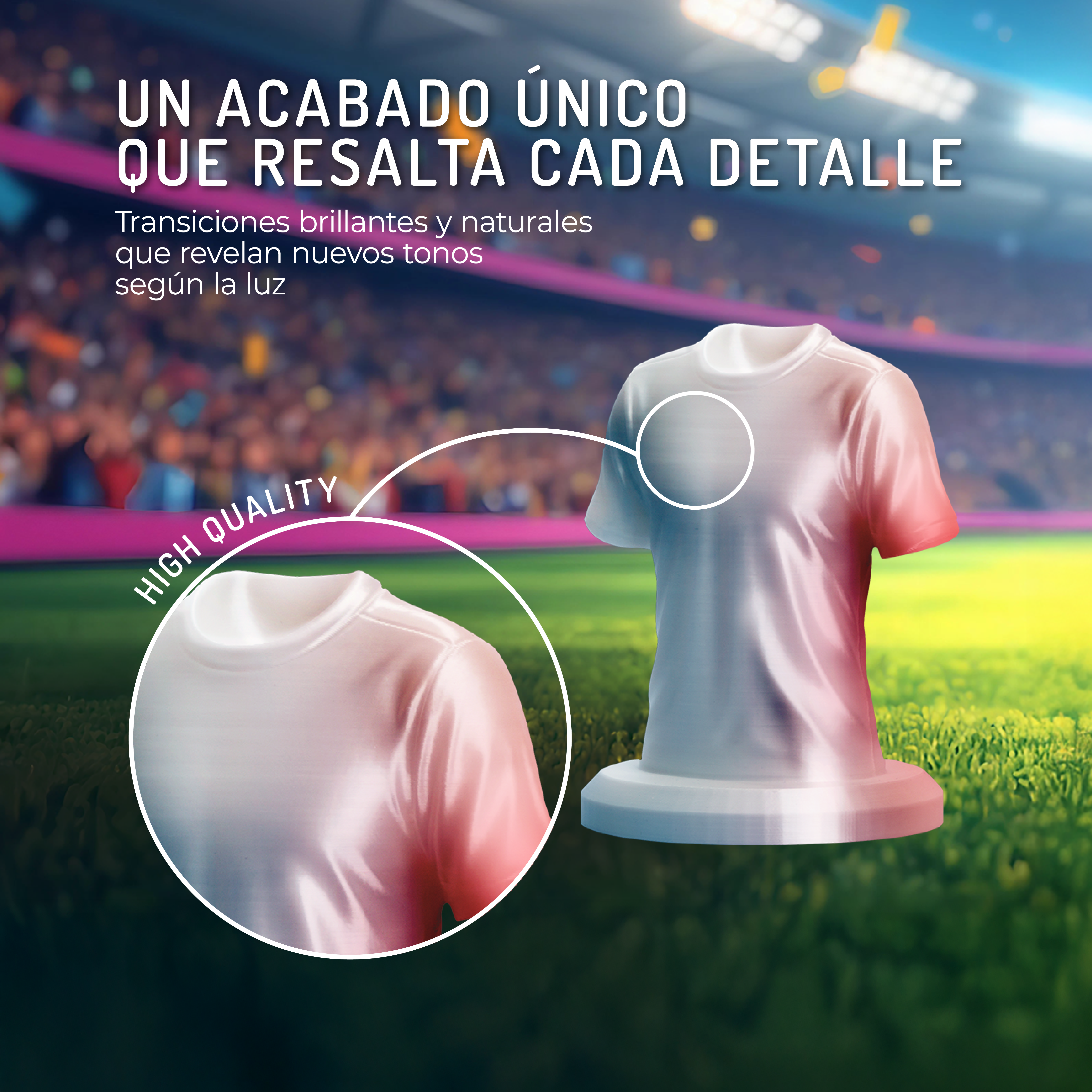 Acabado único en un expositor de camiseta en estadio, mostrando alta calidad.