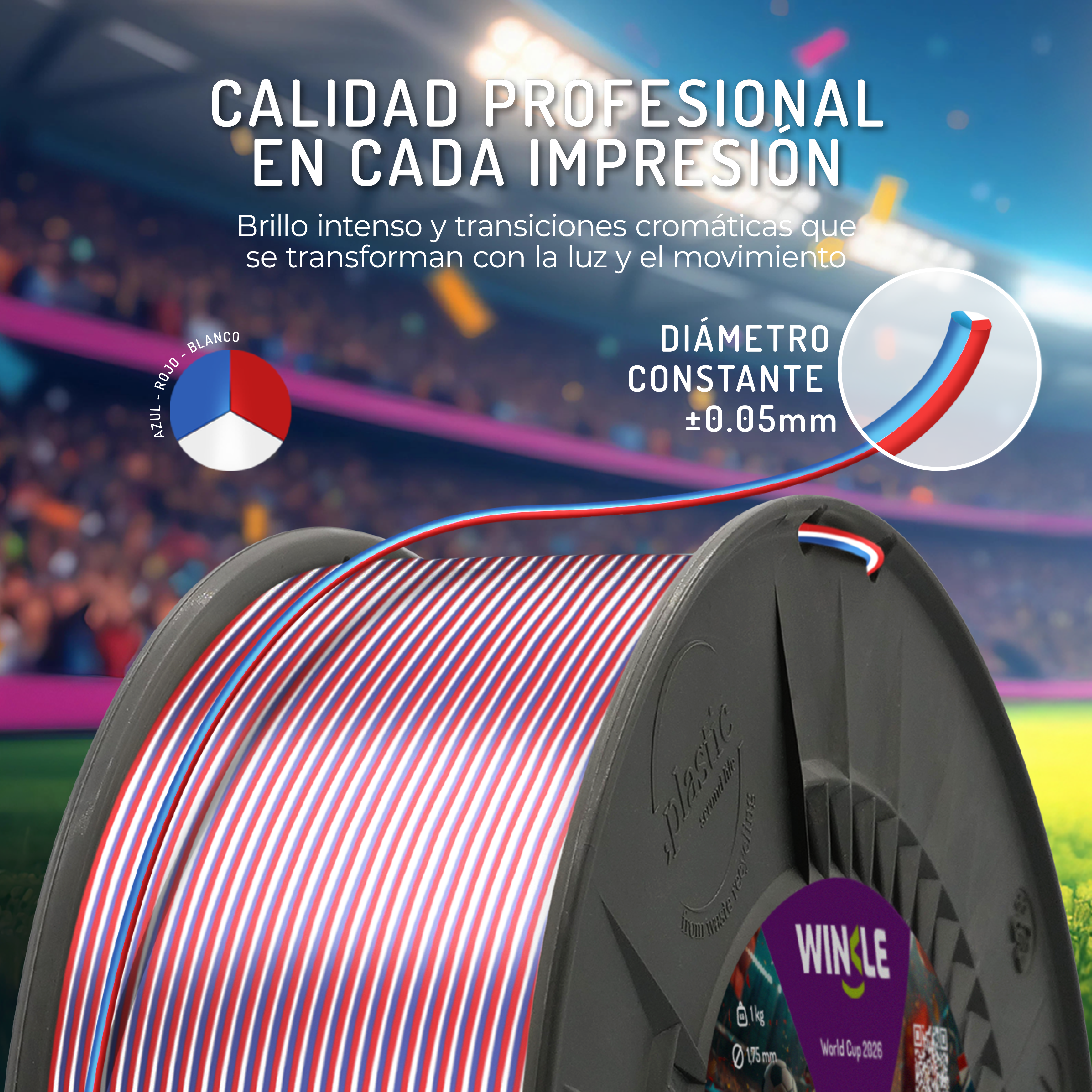 Carrete con filamento PLA rojo, azul y blanco para impresión 3D.