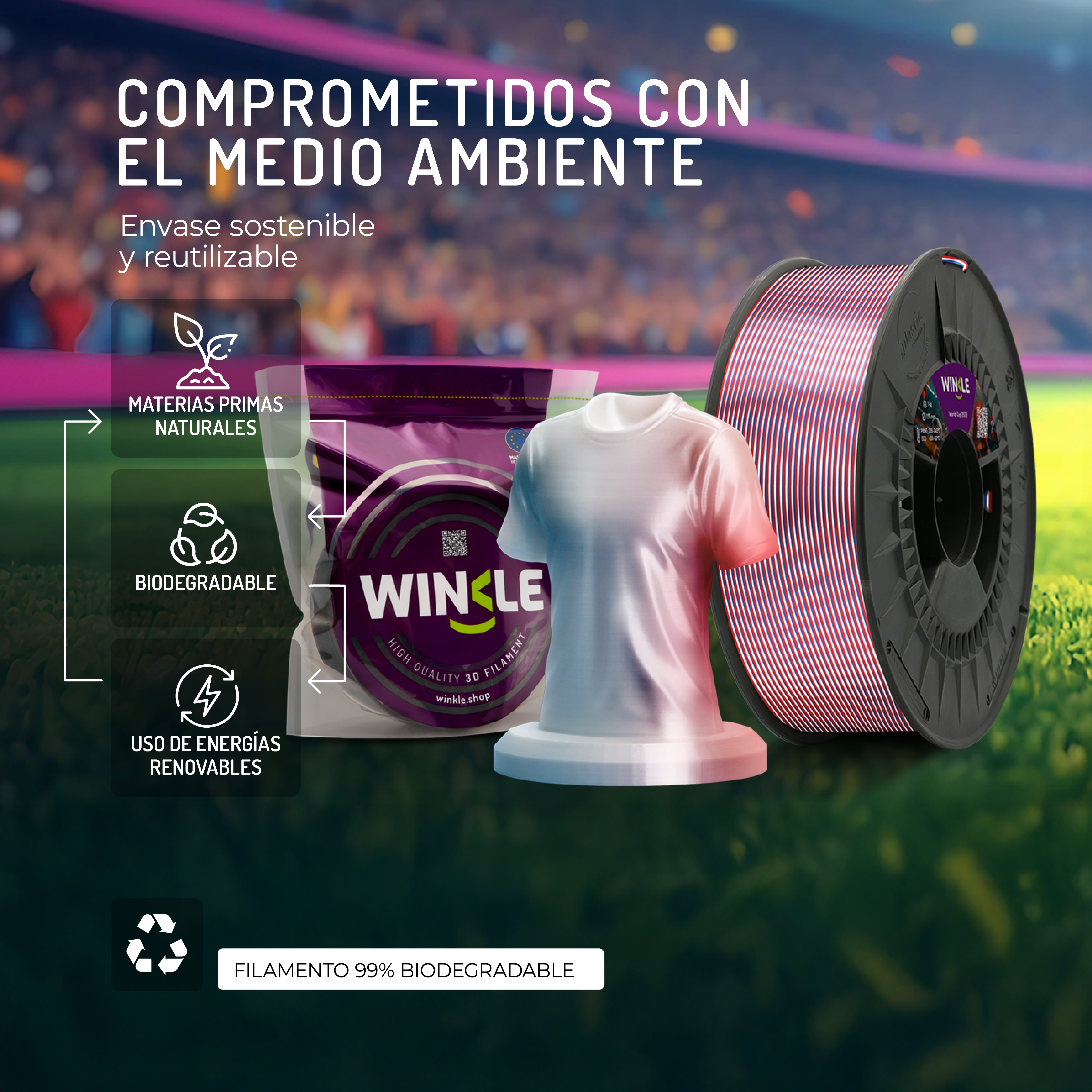 Bobina de filamento 3D con forma de camiseta y mensajes ecológicos.