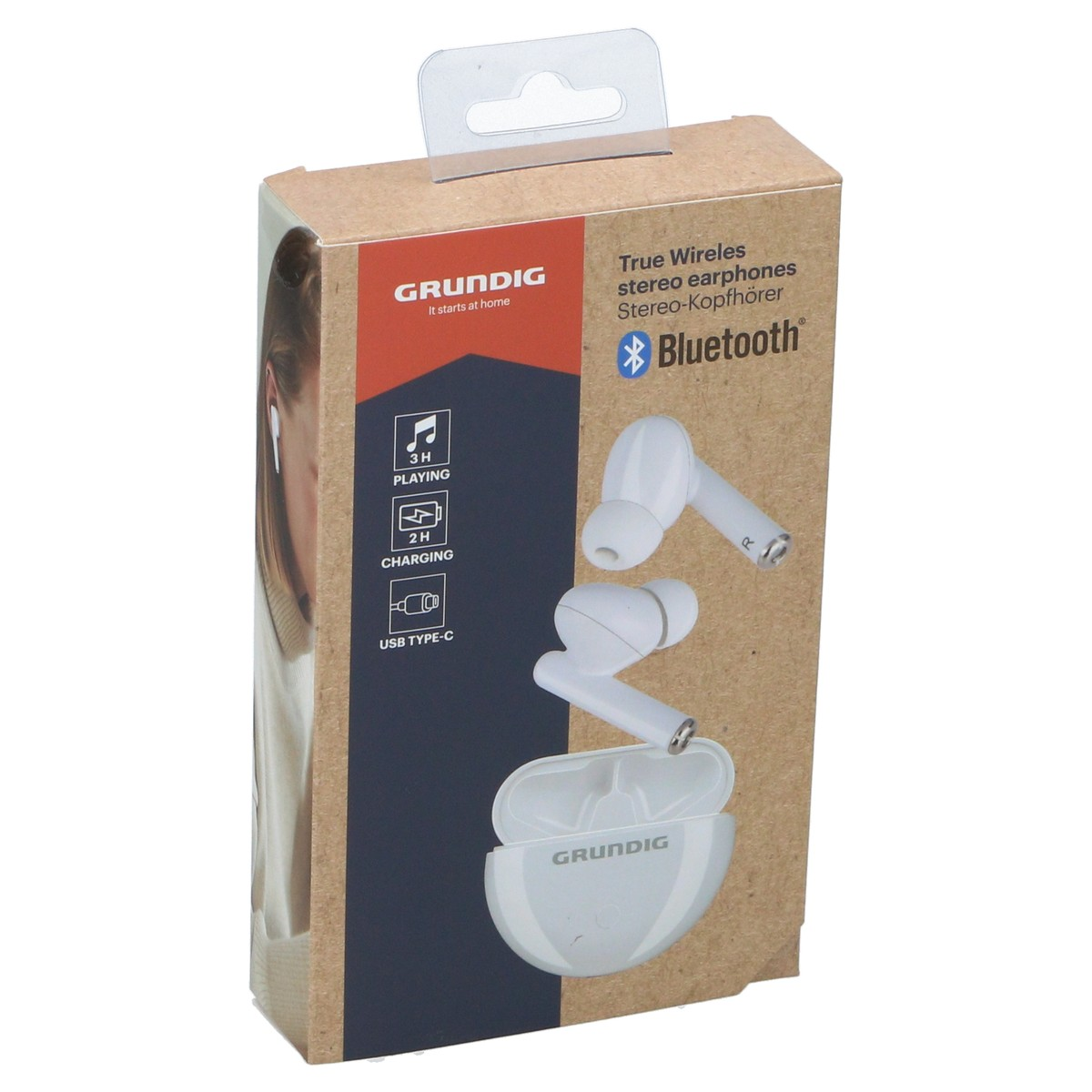 Verpackung von weißen Grundig True Wireless Stereo-Kopfhörern mit Ladecase.