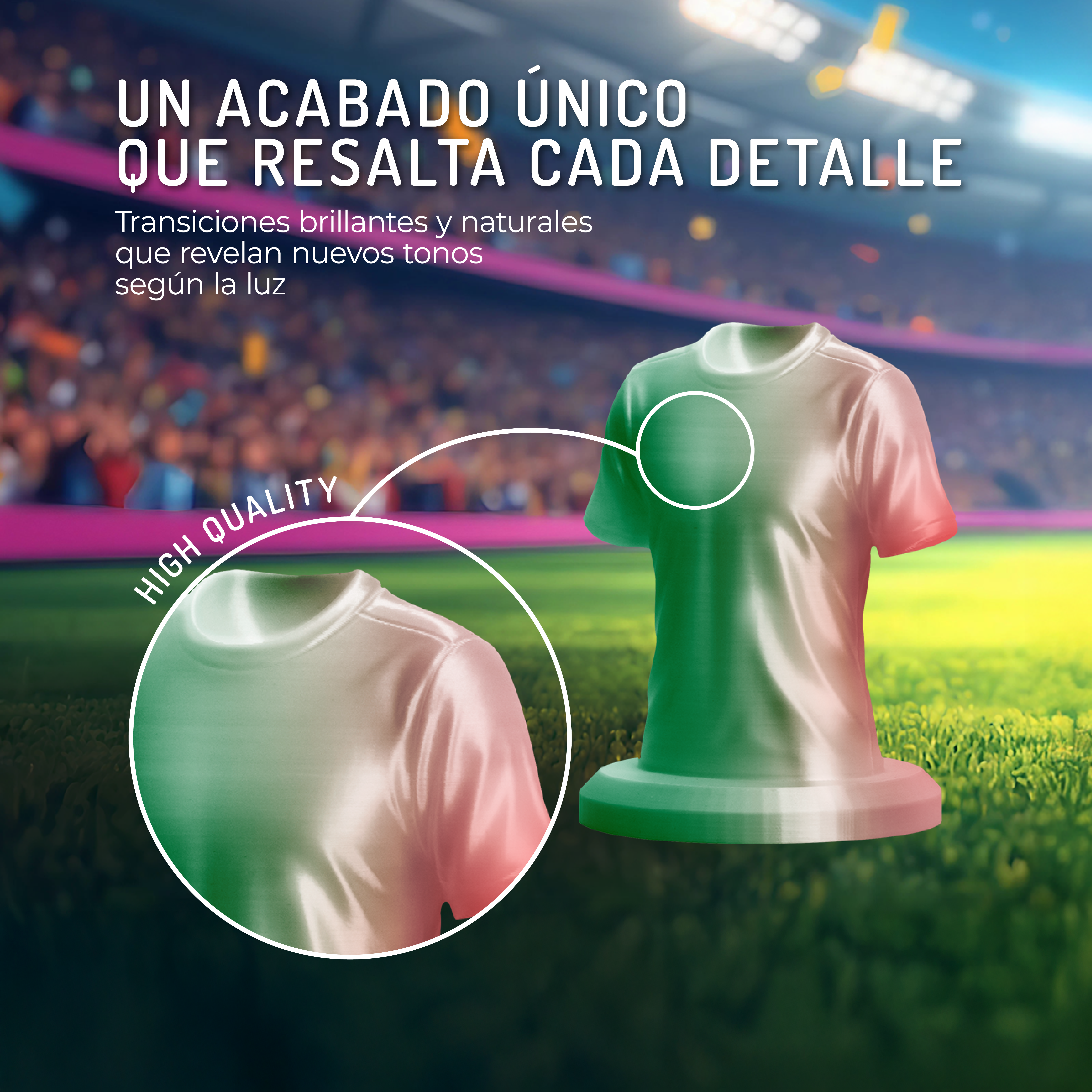 Acabado único que resalta cada detalle. Transiciones brillantes y naturales revelan tonos.