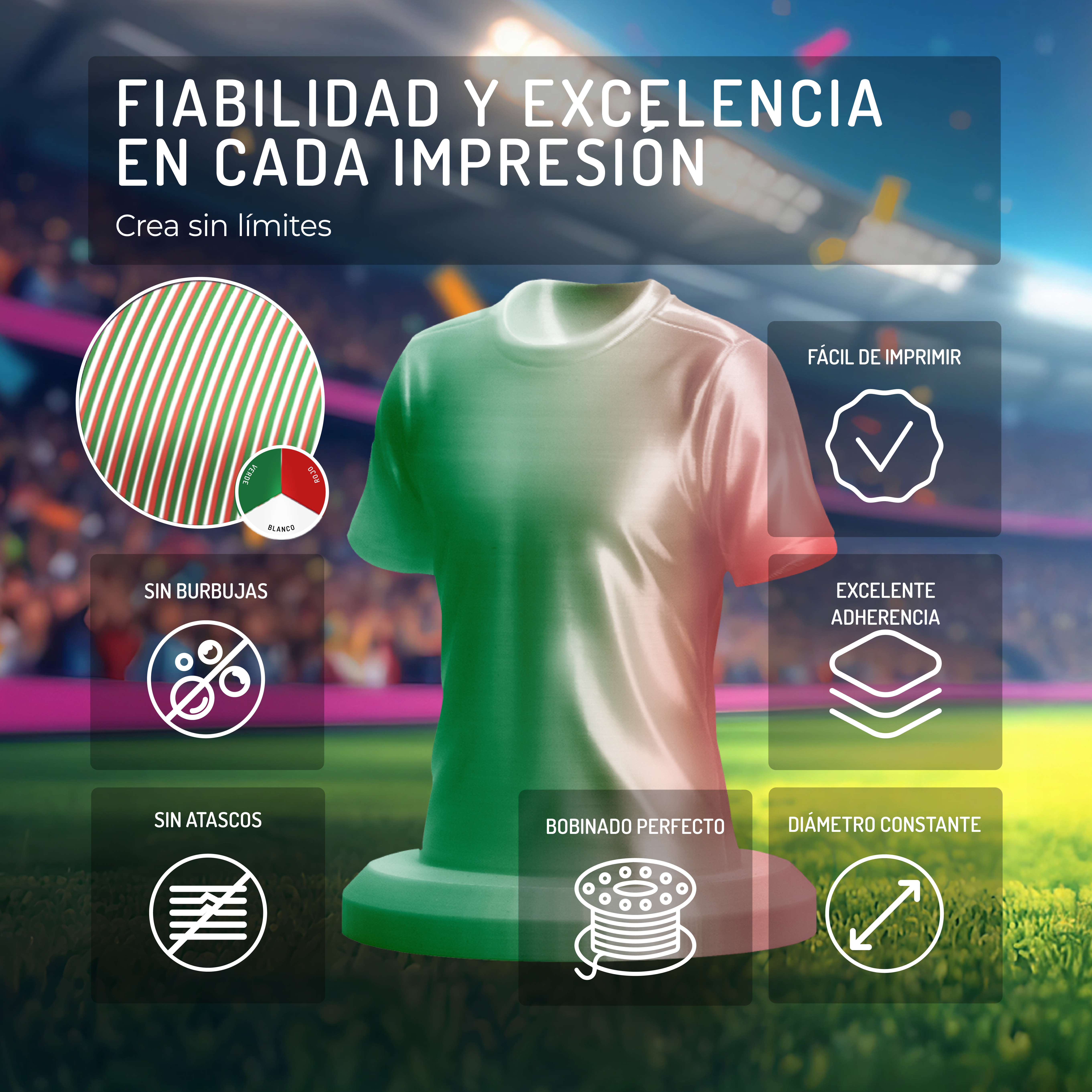 Una camiseta en verde, blanco y rojo con iconos de impresión, sin burbujas, adhesión, sin atascos, bobina y diámetro.